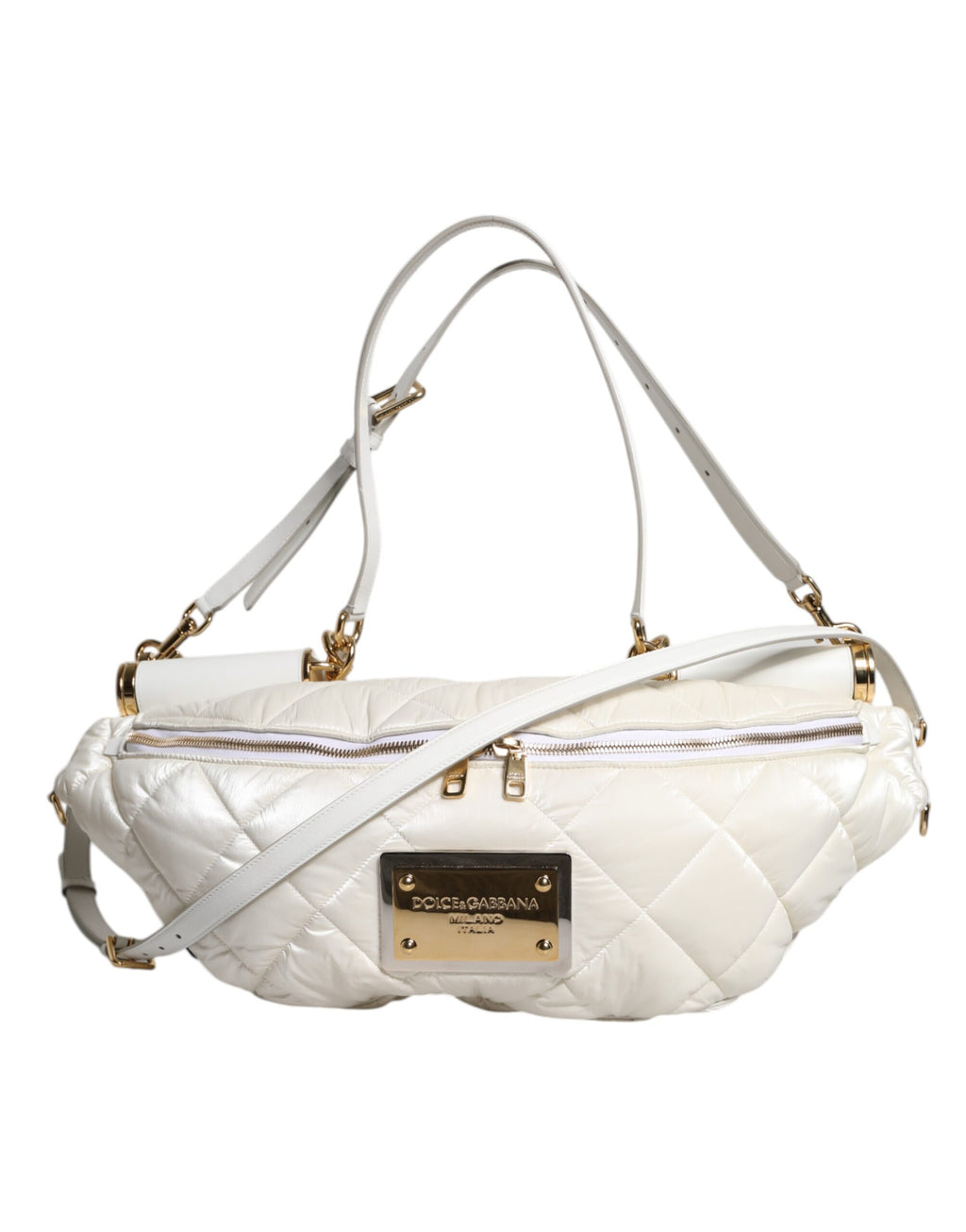 Dolce & Gabbana White Quilted Logo Plaque Belt Waist Fanny Pack Bag