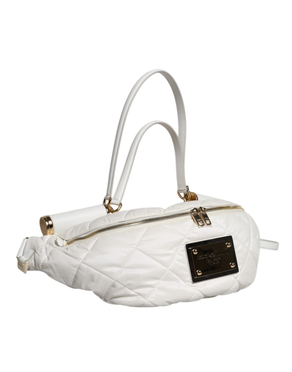 Dolce & Gabbana White Quilted Logo Plaque Belt Waist Fanny Pack Bag