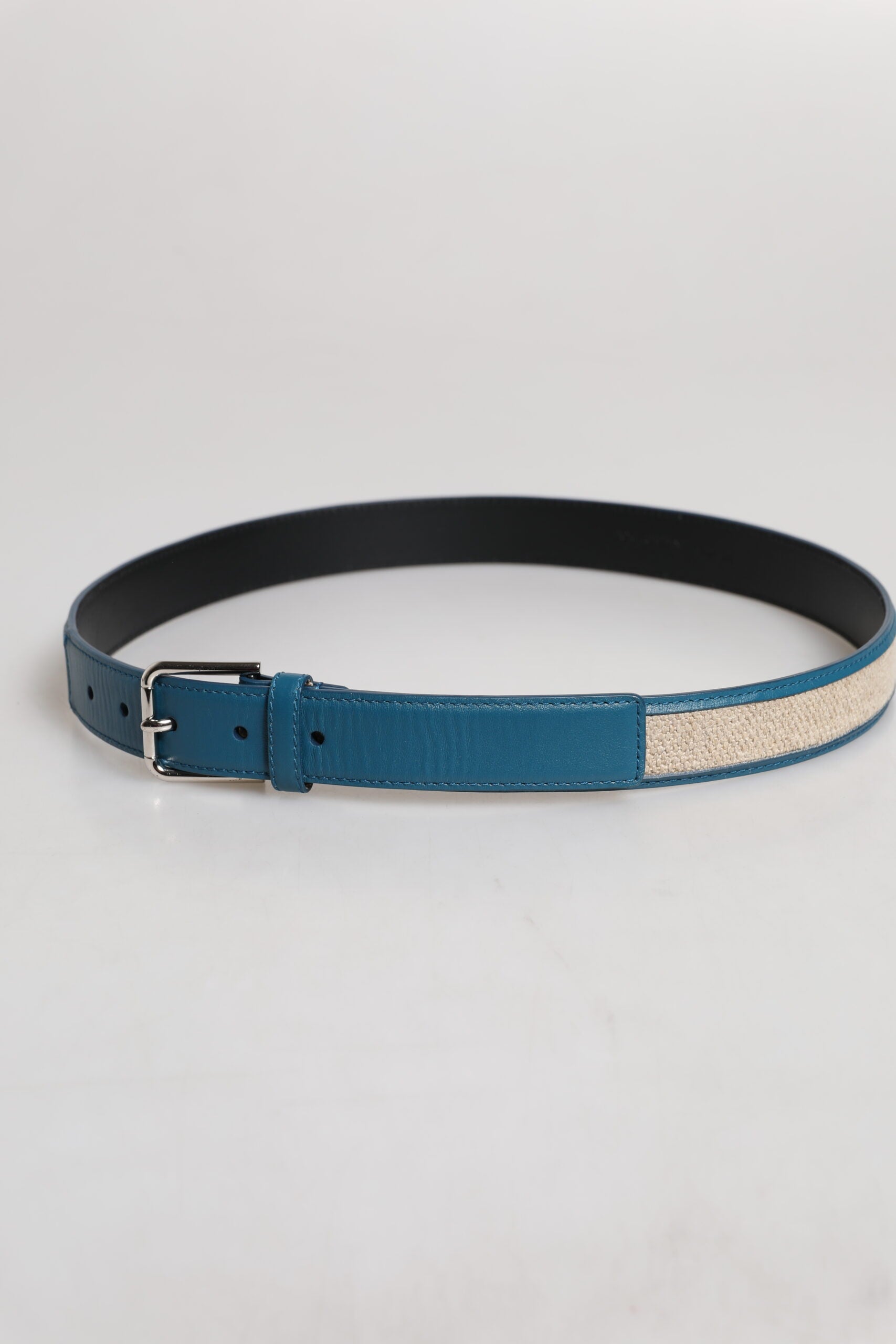 Dolce & Gabbana Blue Beige Leather Weaved Metal Buckle Belt