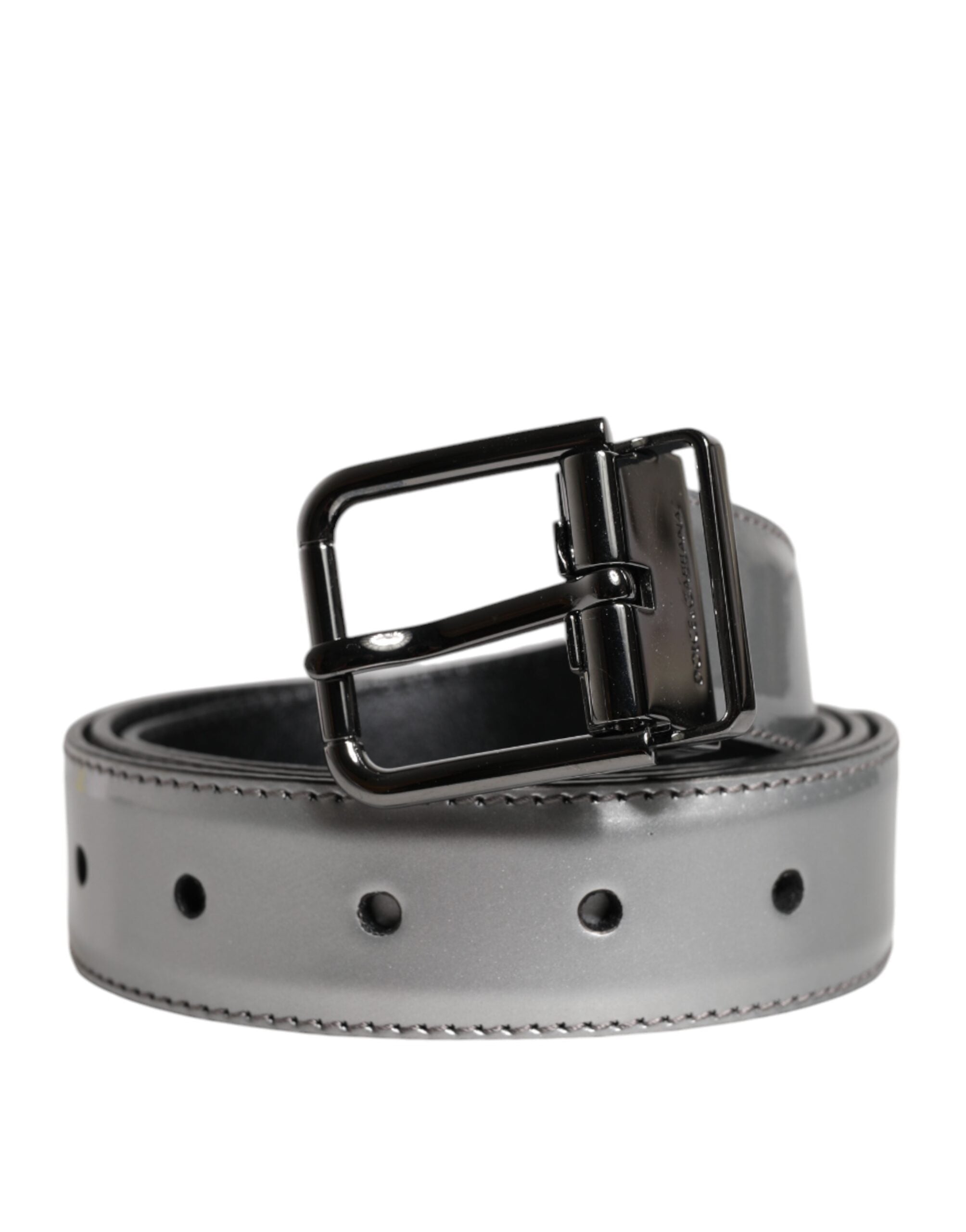 Dolce & Gabbana Silver Leather Classic Metal Logo Buckle Belt