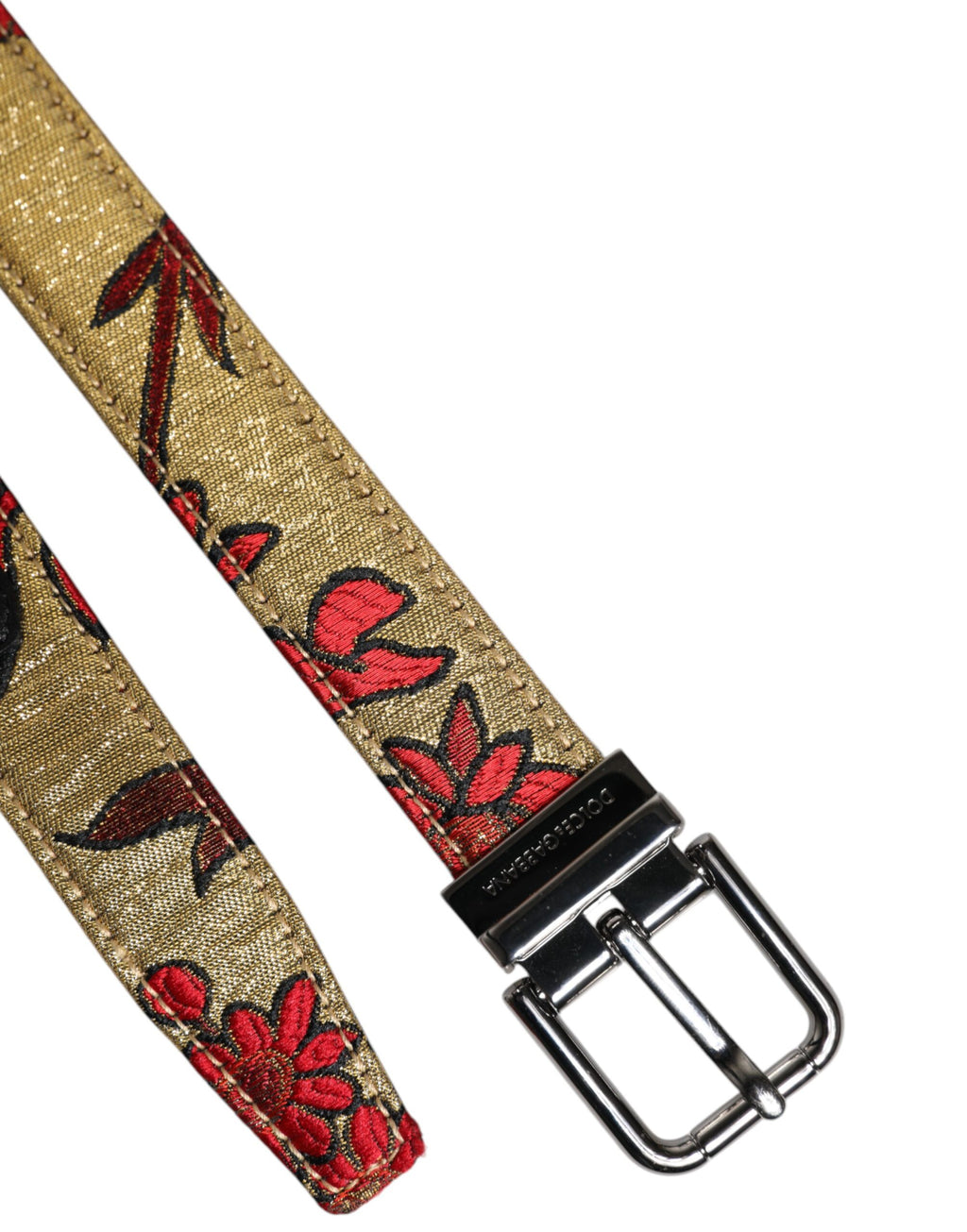 Dolce & Gabbana Gold Floral Jacquard Leather Metal Buckle Belt