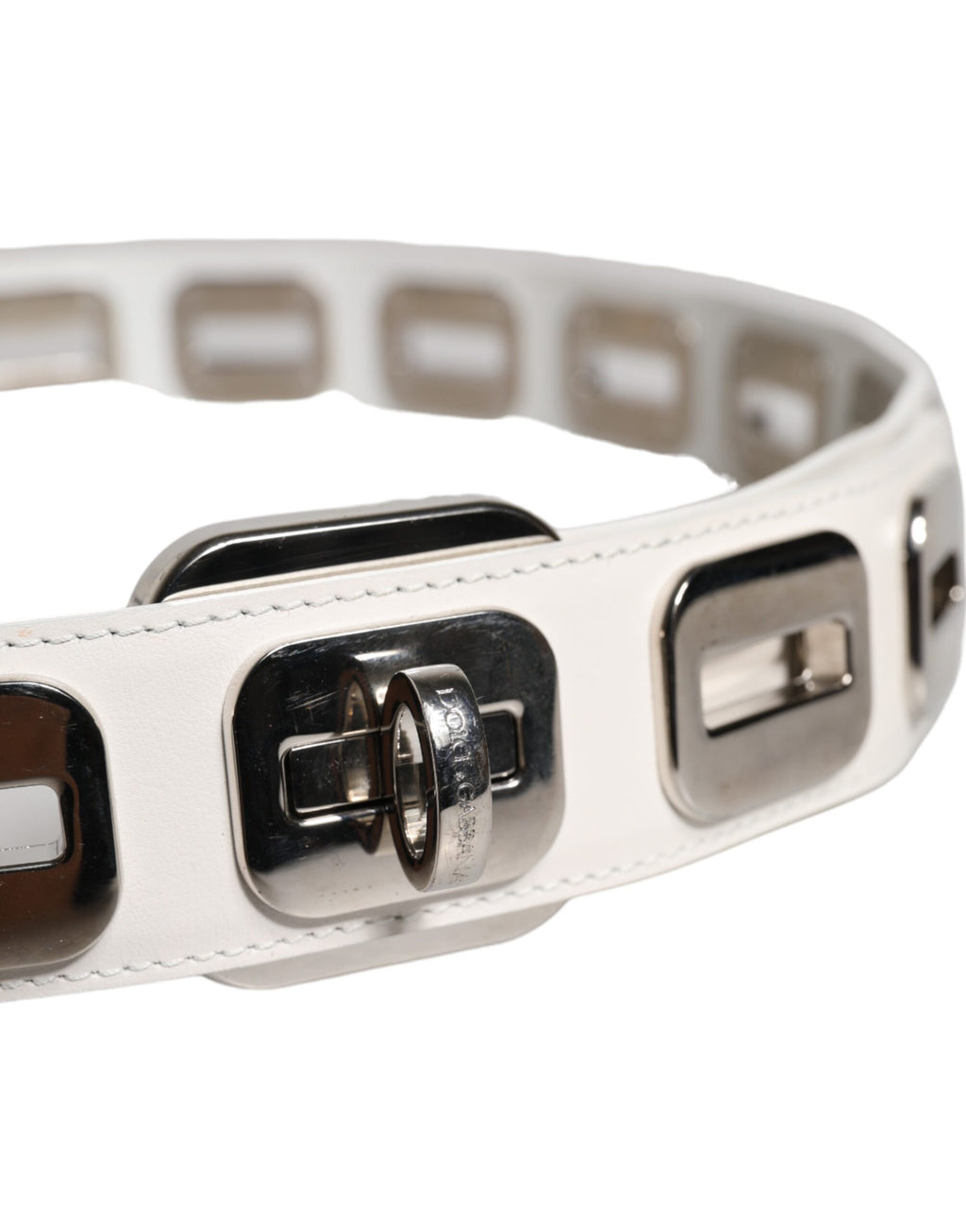 Dolce & Gabbana White Leather Gold Tone Rotating Buckle Belt