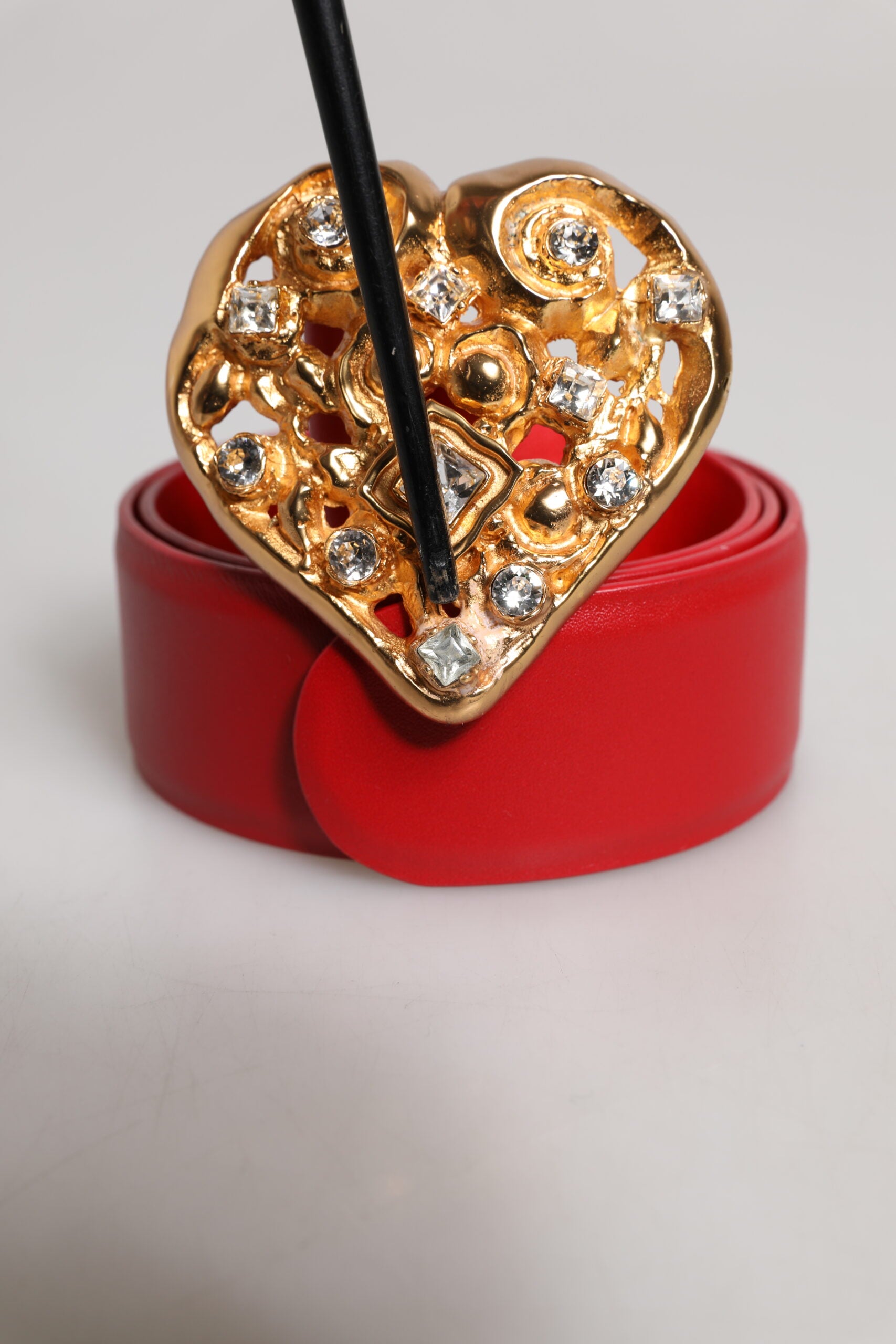 Dolce & Gabbana Red Calf Leather Embellished Metal Buckle Belt