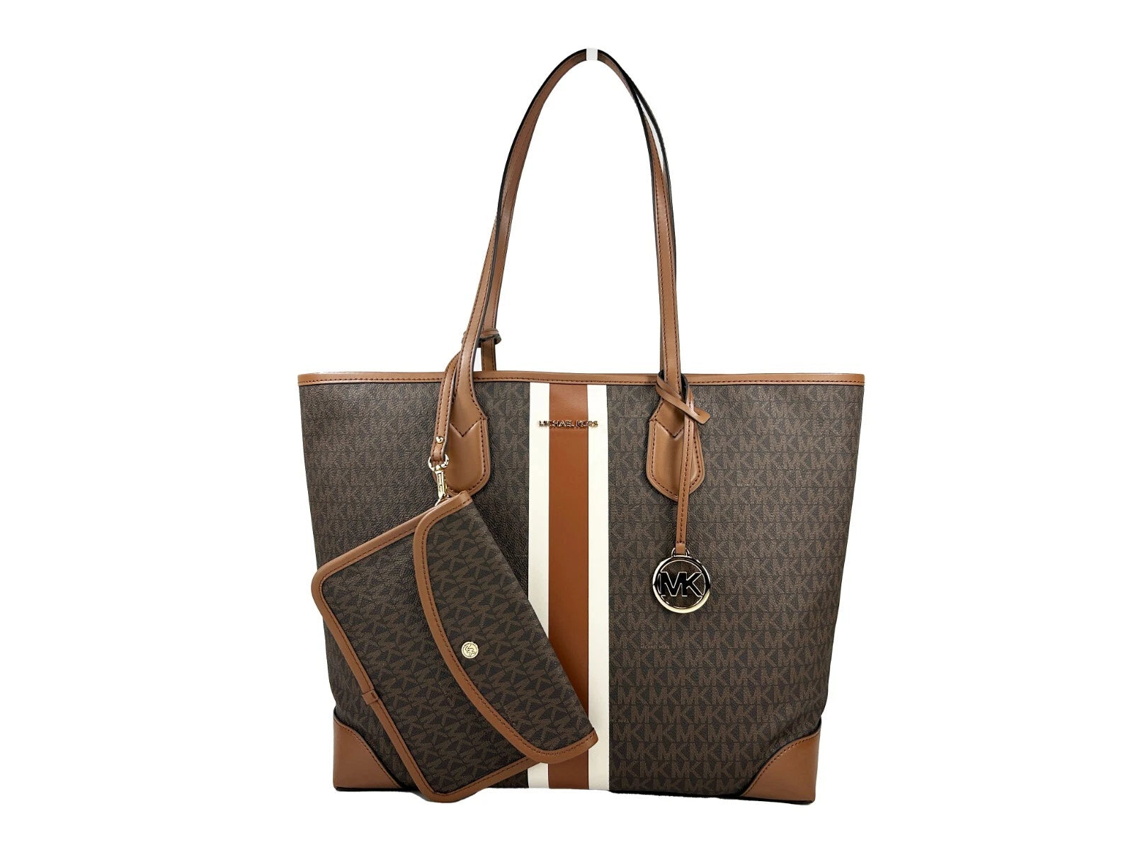 Michael Kors Eva Large Stripe Travel Tote Bag Plus Pouch Brown