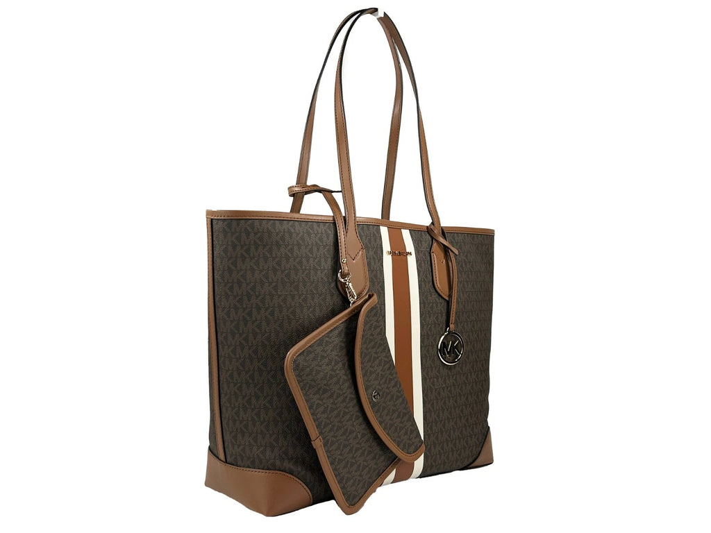 Michael Kors Eva Large Stripe Travel Tote Bag Plus Pouch Brown