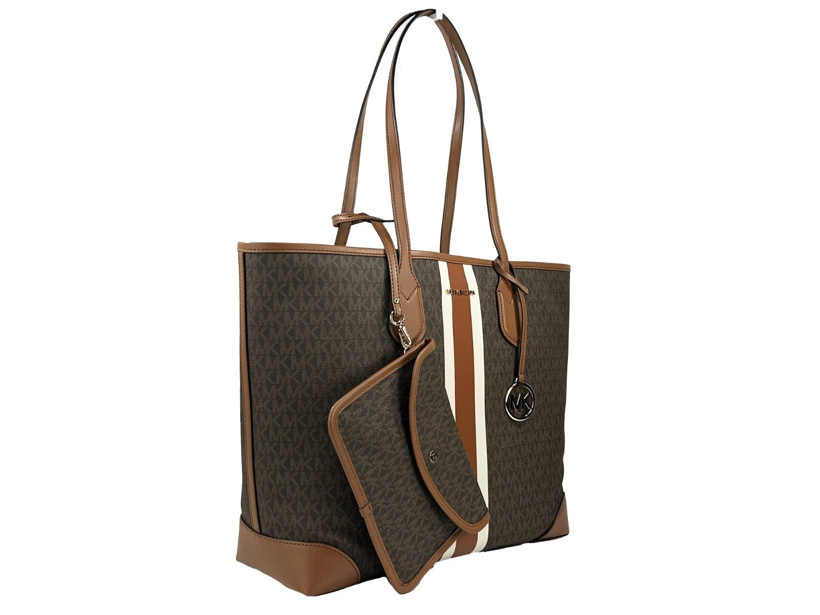 Michael Kors Eva Large Stripe Travel Tote Bag Plus Pouch Brown
