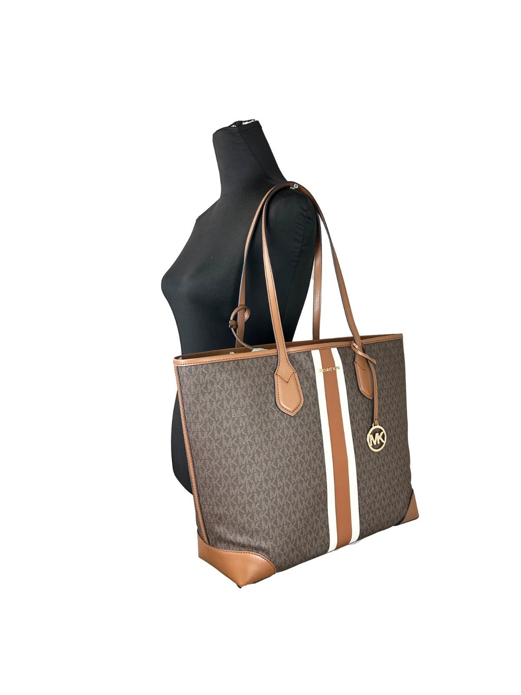 Michael Kors Eva Large Stripe Travel Tote Bag Plus Pouch Brown