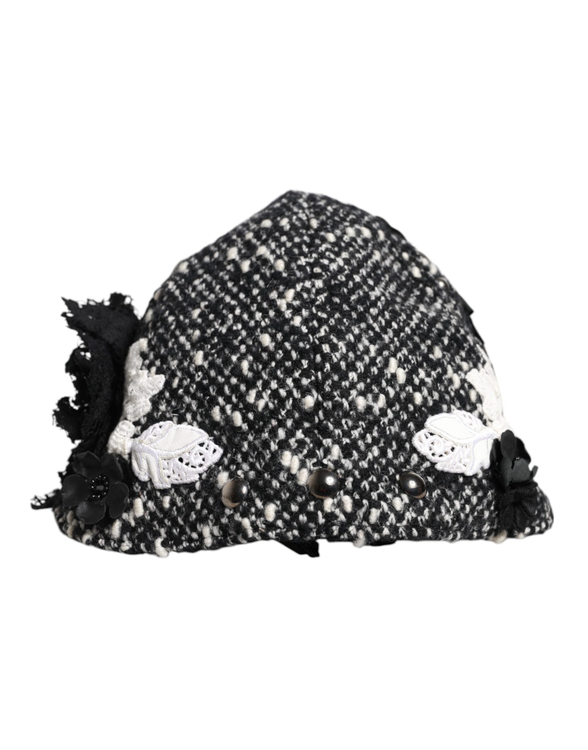 Dolce & Gabbana Black Wool White Floral Embellished Cloche Hat