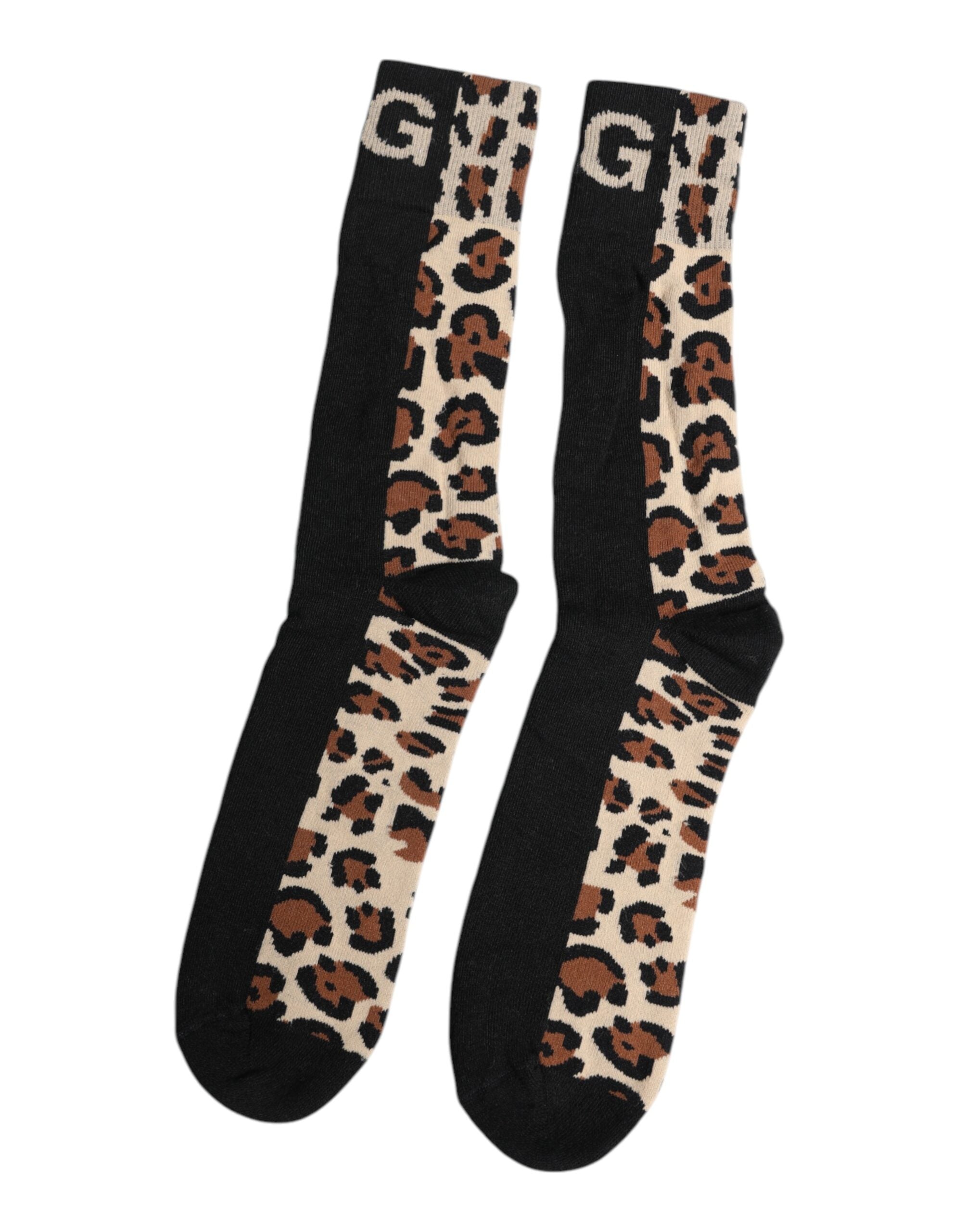 Dolce & Gabbana Black Brown Leopard Print Nylon Mid Calf Socks