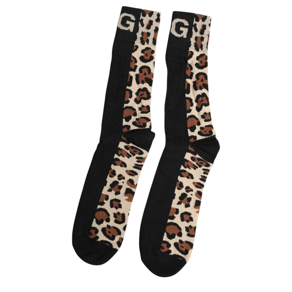Dolce & Gabbana Black Brown Leopard Print Nylon Mid Calf Socks