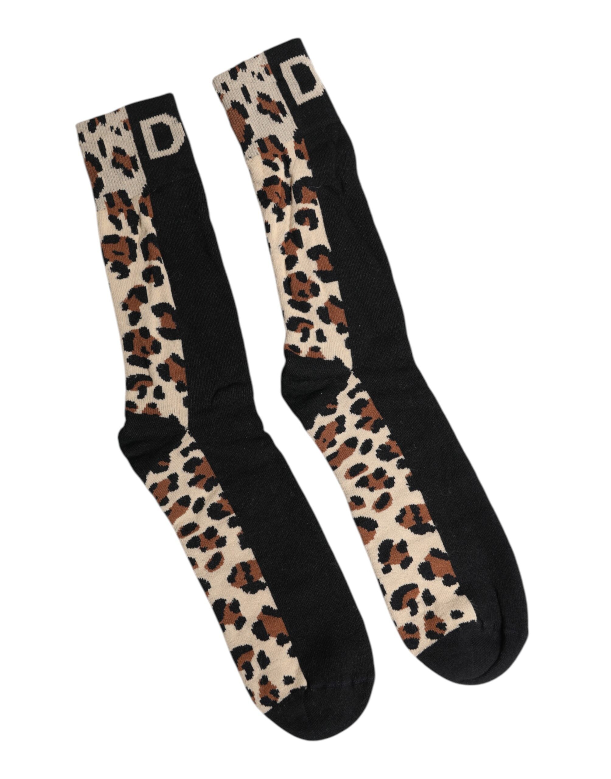 Dolce & Gabbana Black Brown Leopard Print Nylon Mid Calf Socks