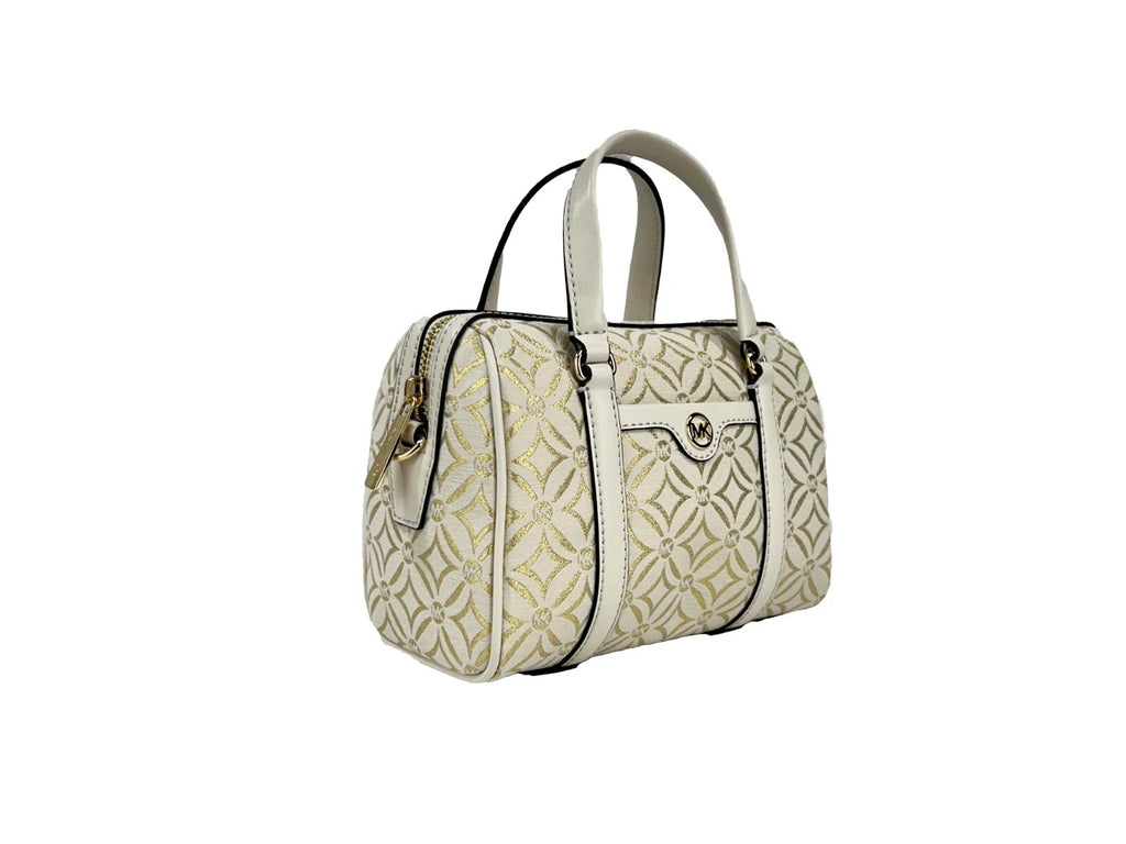 Michael Kors Travel Small Pebbled Leather Duffle Crossbody Handbag Pale Gold Multi