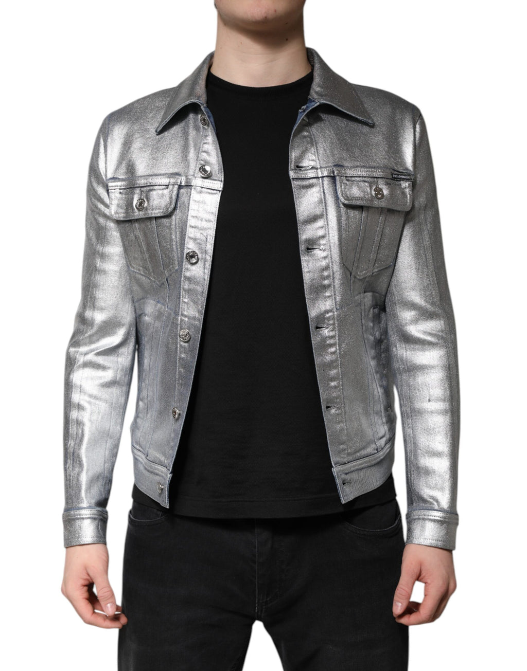 Dolce & Gabbana Silver Cotton Button Down Denim Biker Jacket