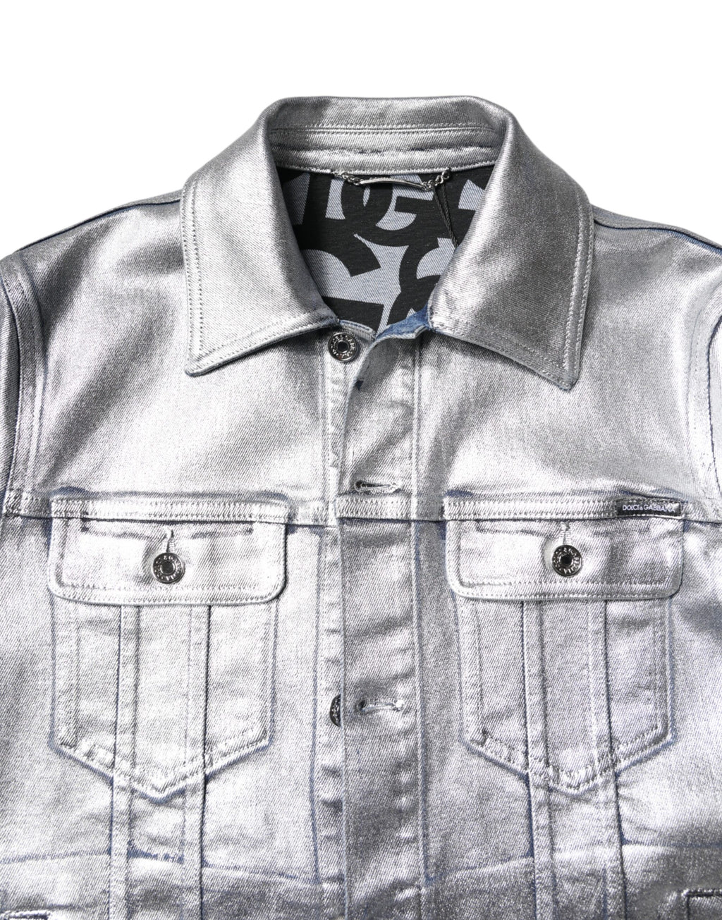 Dolce & Gabbana Silver Cotton Button Down Denim Biker Jacket
