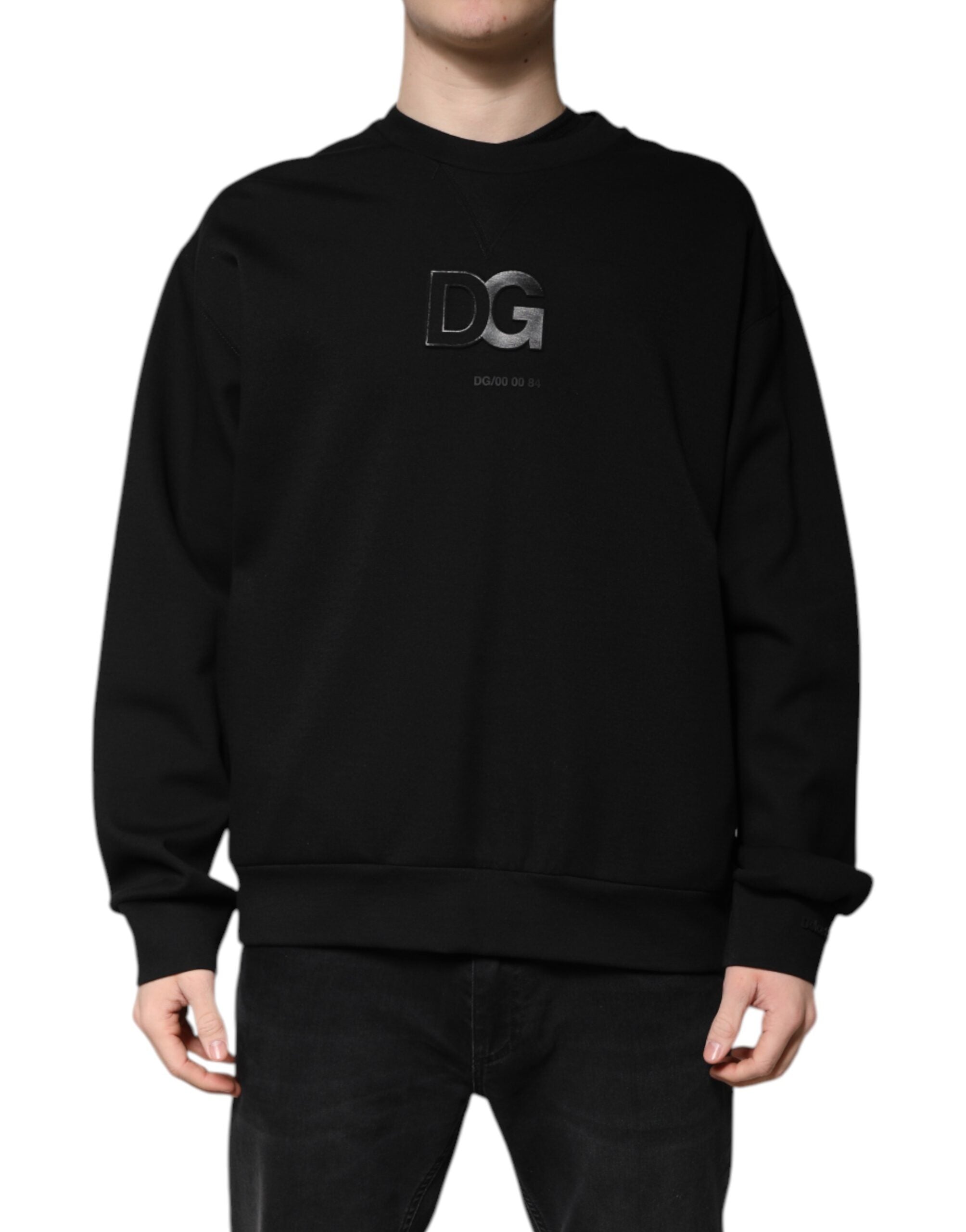 Dolce & Gabbana Black Cotton DG Crew Neck Pullover Sweater