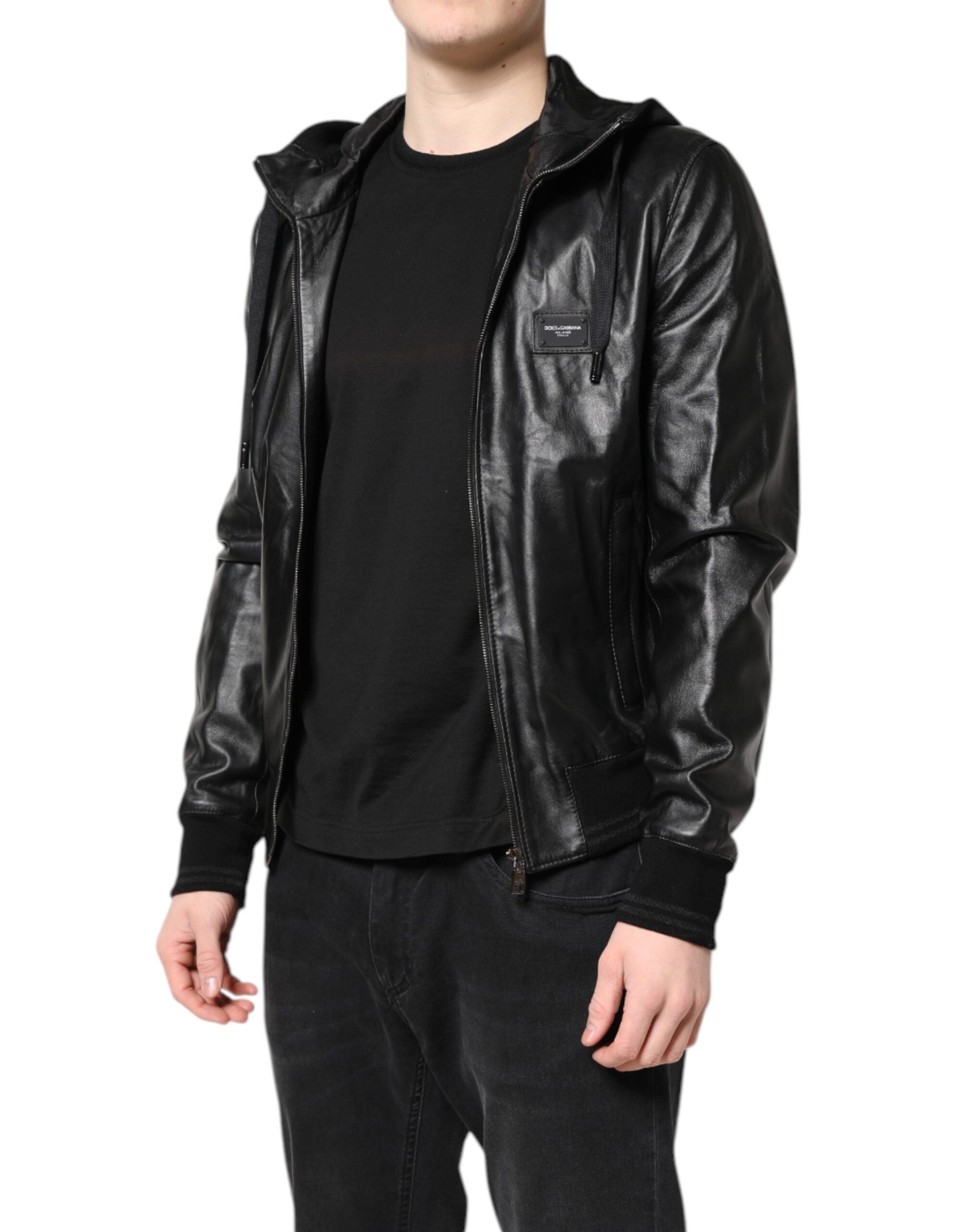 Dolce & Gabbana Black Lambskin Leather Full Zip Biker Jacket