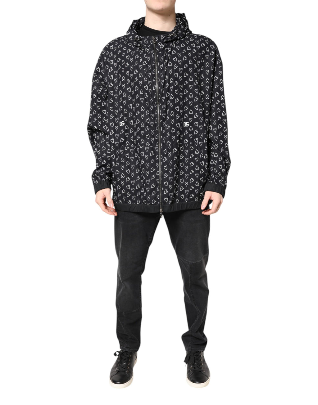 Dolce & Gabbana Black Heart Print Hooded Windbreaker Jacket