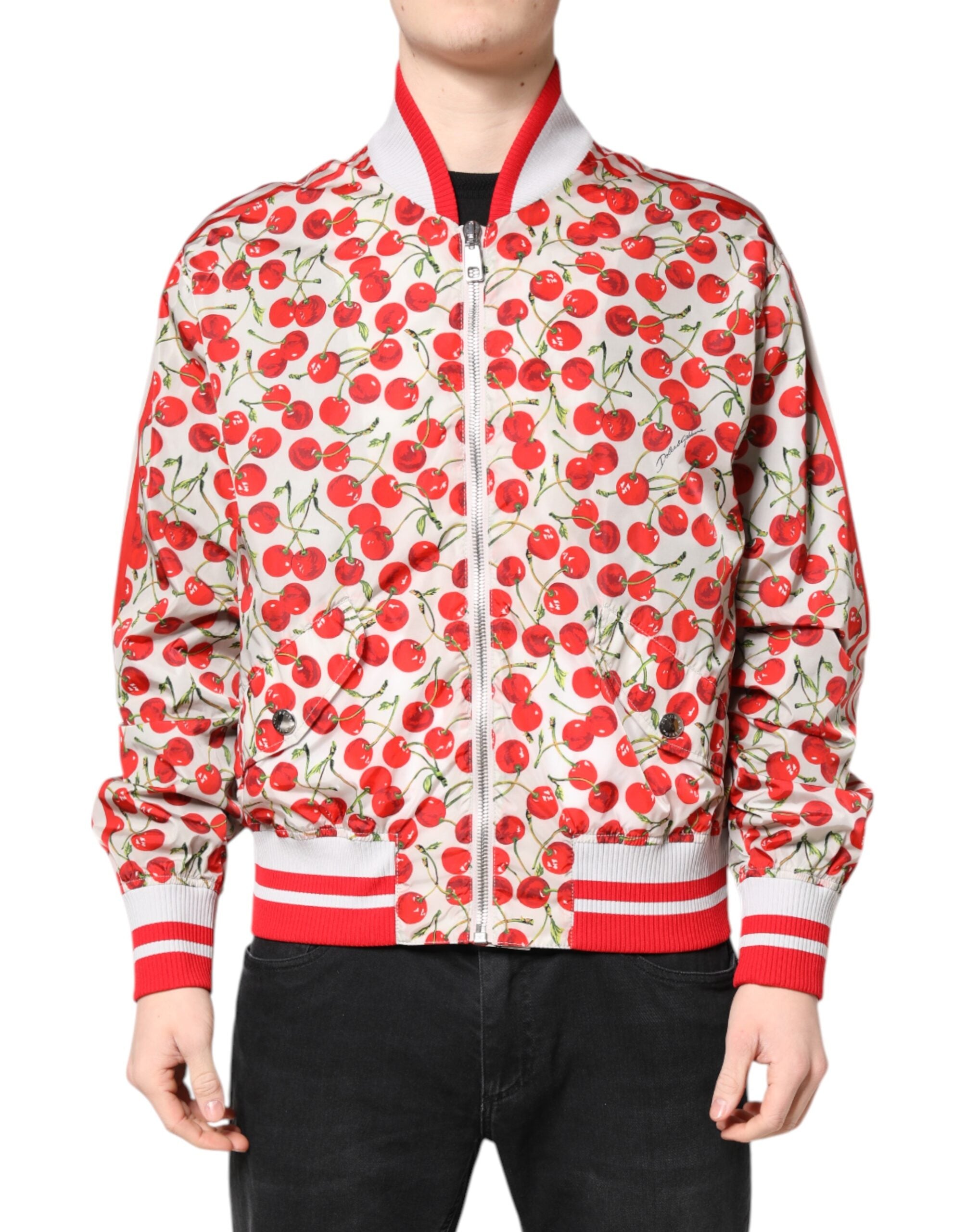 Dolce & Gabbana White Cherry Print Full Zip Bomber Jacket