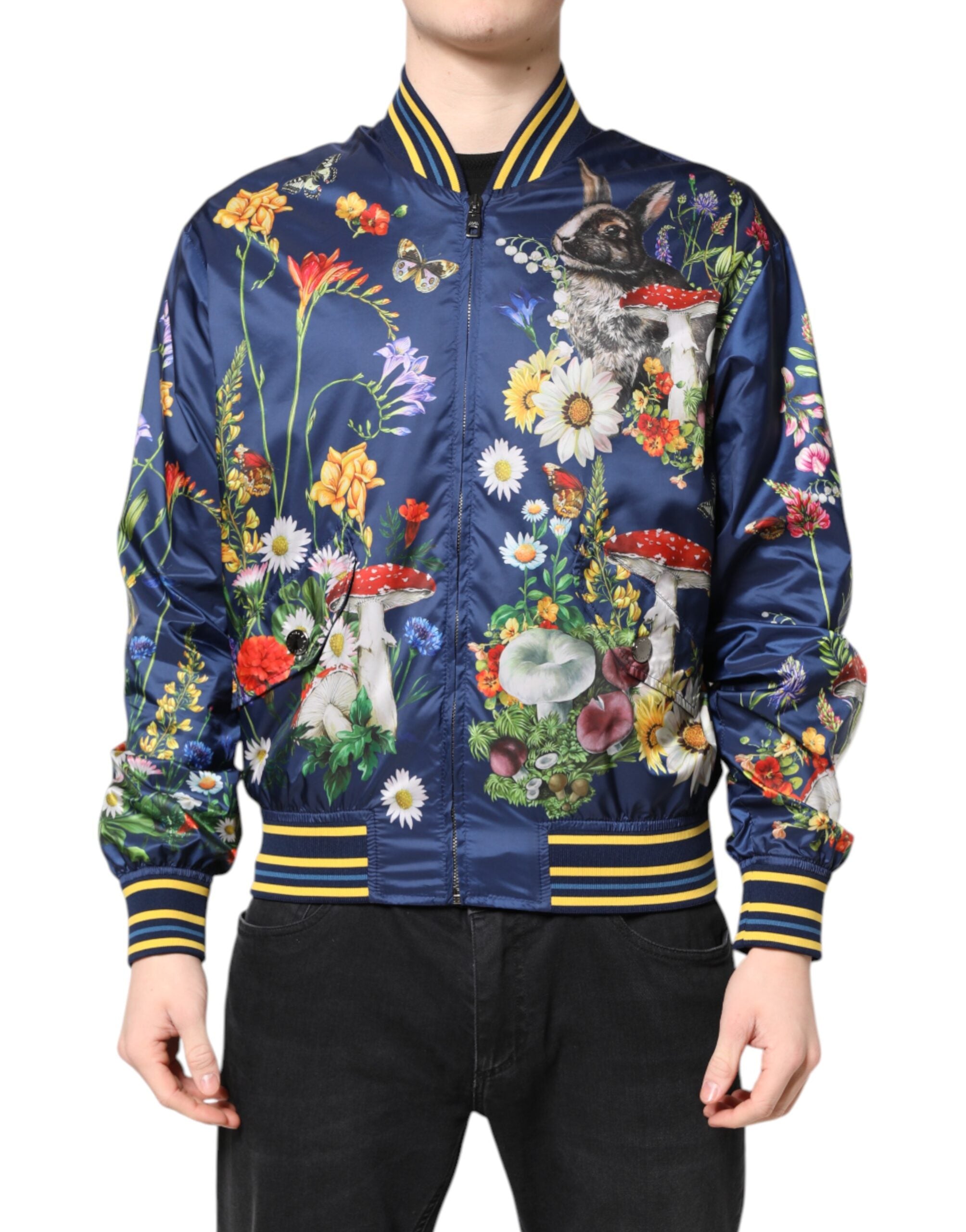Dolce & Gabbana Blue Polyester Floral Print Bomber Jacket