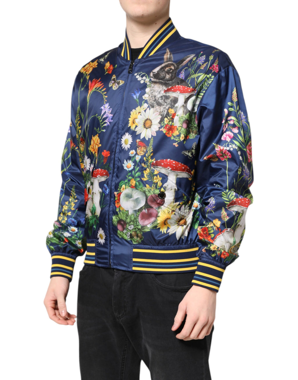Dolce & Gabbana Blue Polyester Floral Print Bomber Jacket