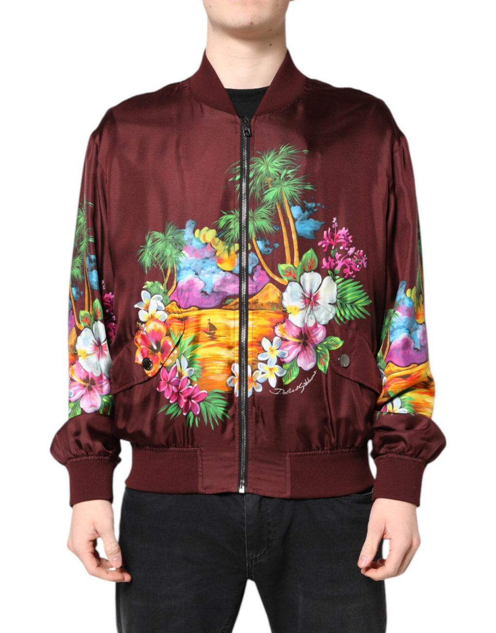 Dolce & Gabbana Maroon Floral Print Full Zip Bomber Jacket