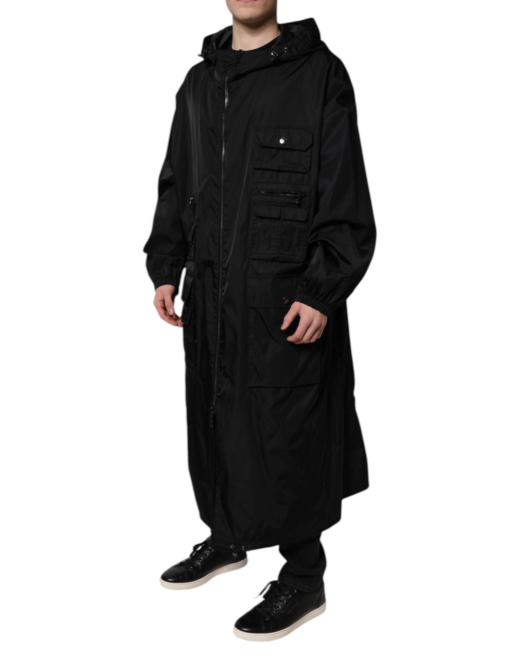 Dolce & Gabbana Black Hooded Long Men Windbreaker Jacket