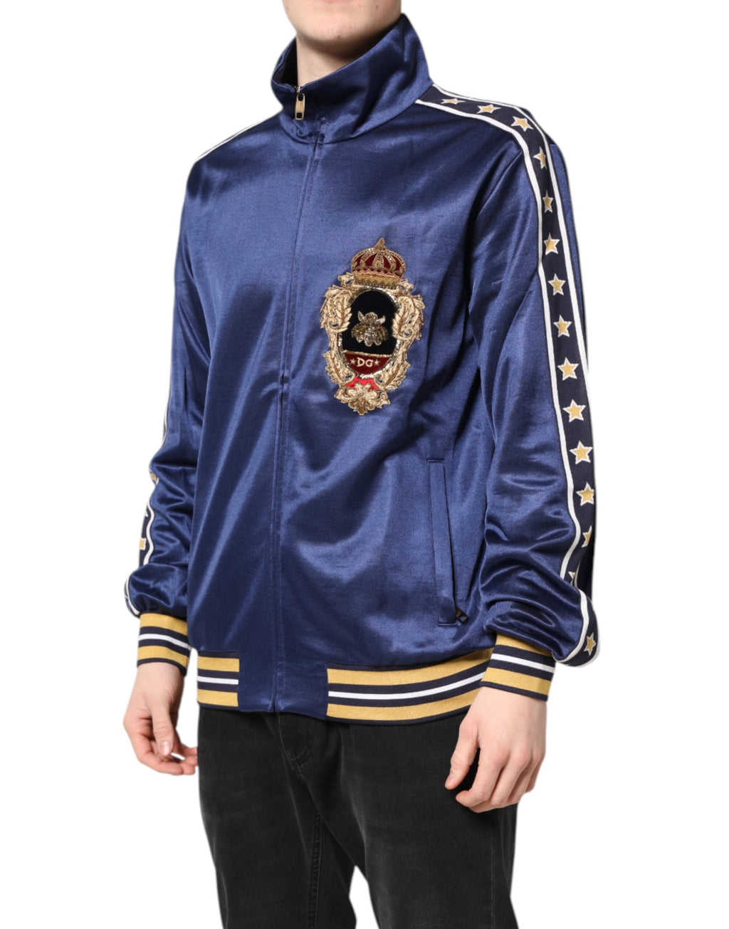 Dolce & Gabbana Blue Nylon Logo Patch Men Bomber Sweater