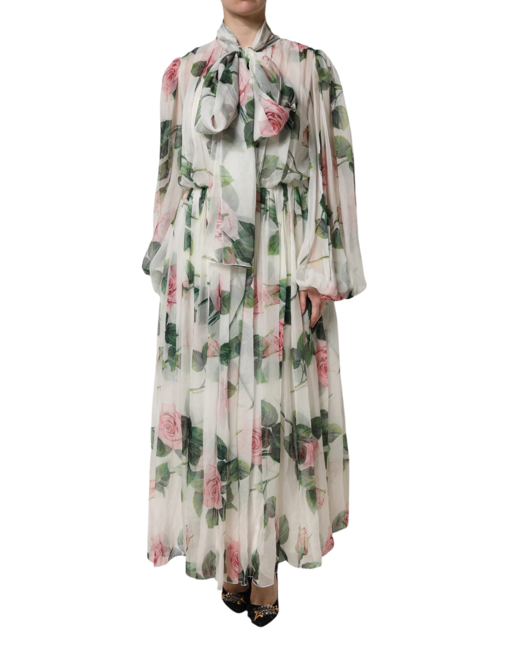 Dolce & Gabbana White Floral Roses Maxi Long Gown Dress