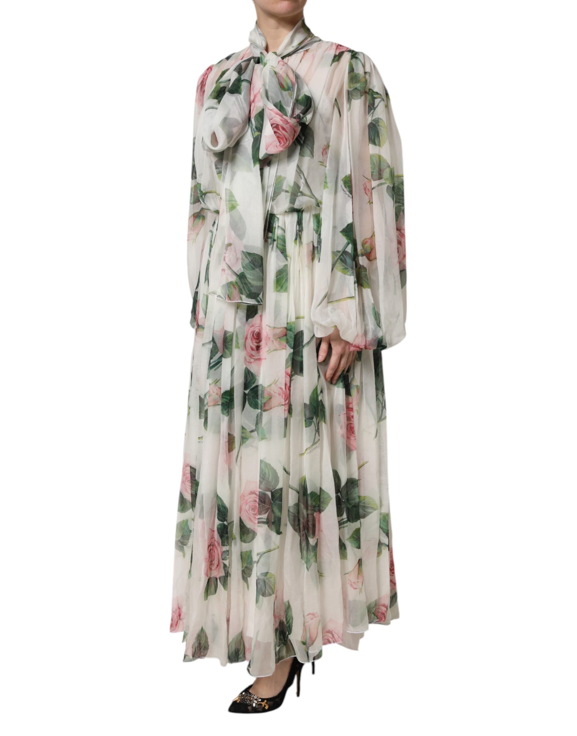 Dolce & Gabbana White Floral Roses Maxi Long Gown Dress