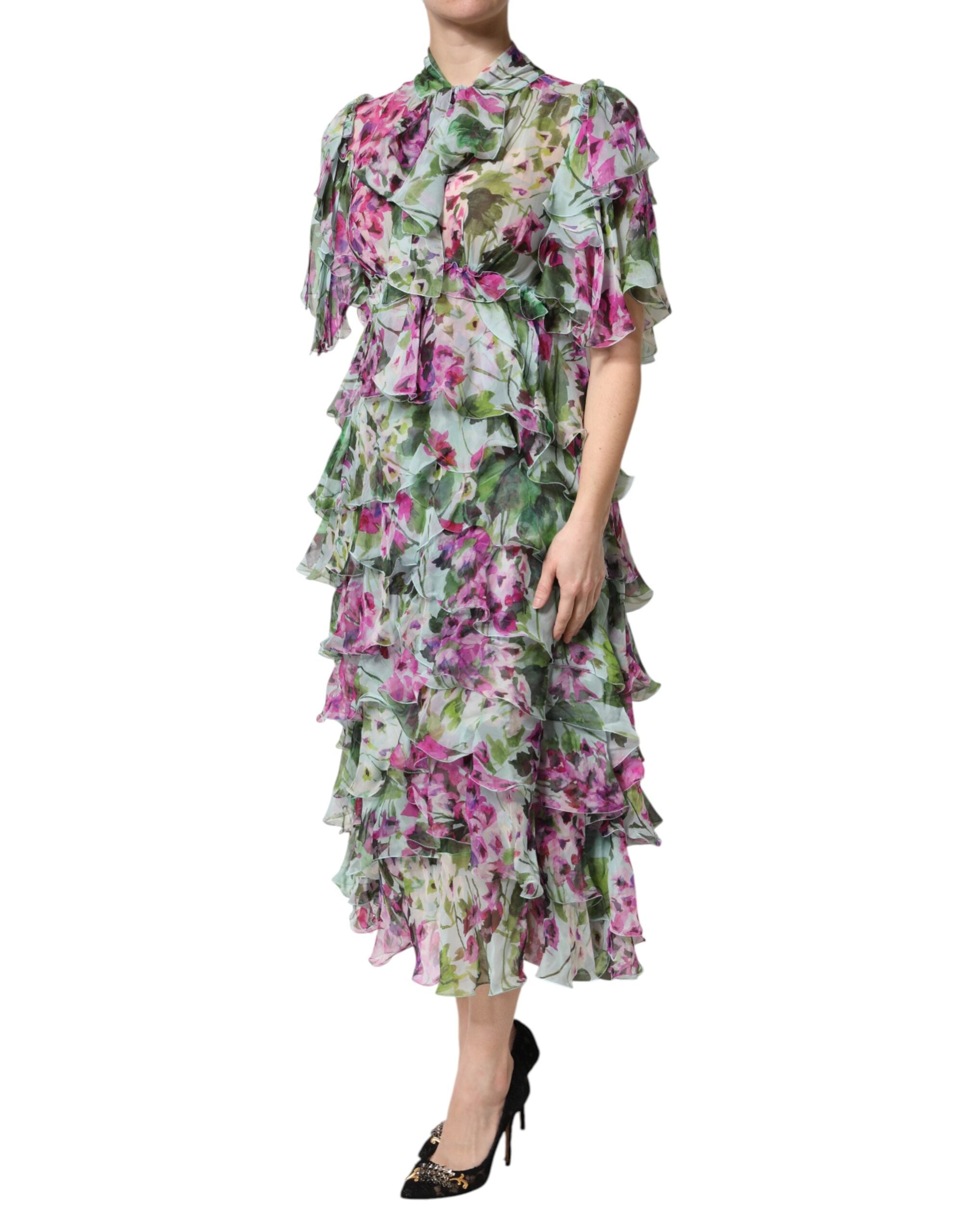 Dolce & Gabbana Multicolor Floral Silk Midi Layered Dress