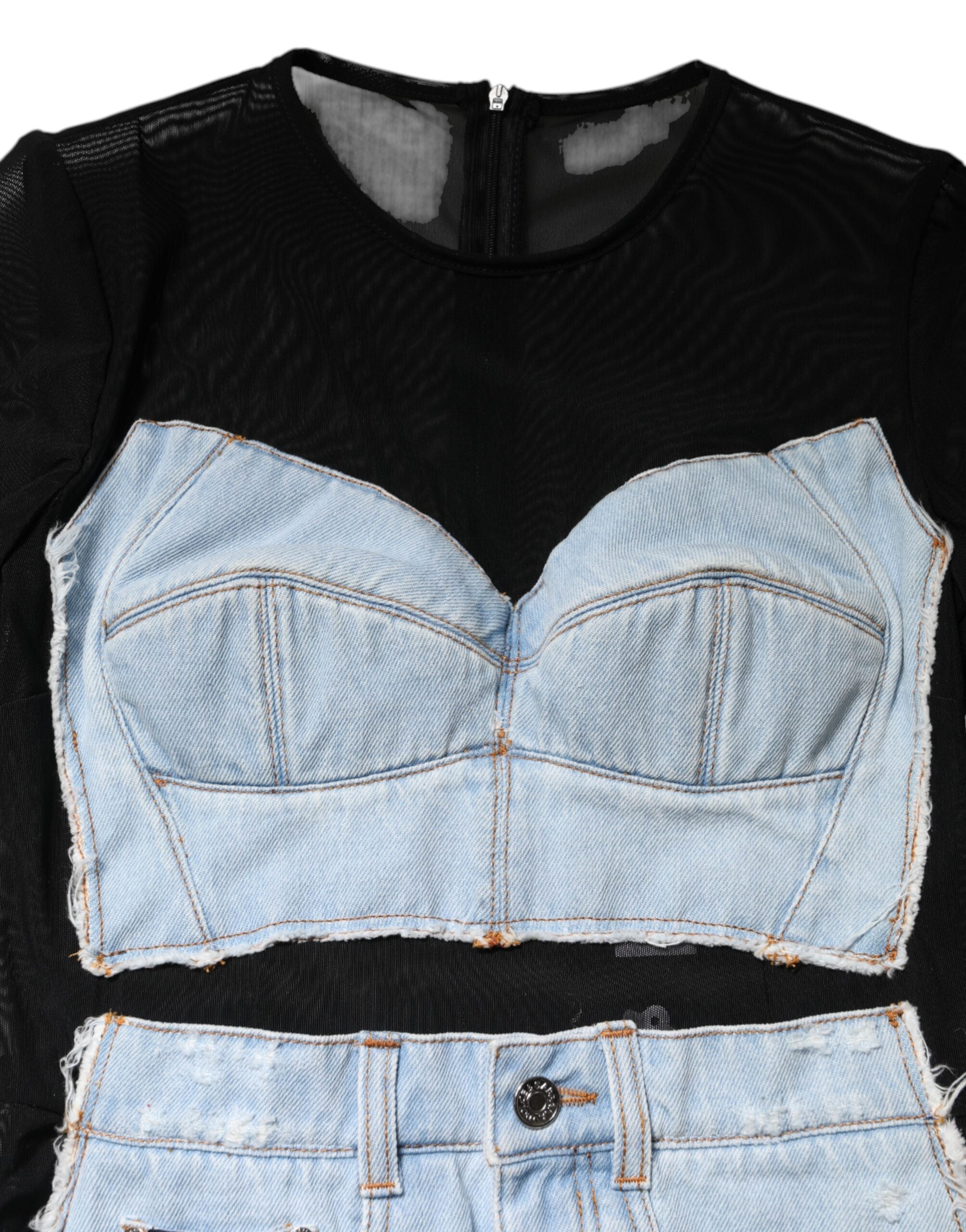 Dolce & Gabbana Black Blue Long Sleeves Denim Mini Dress