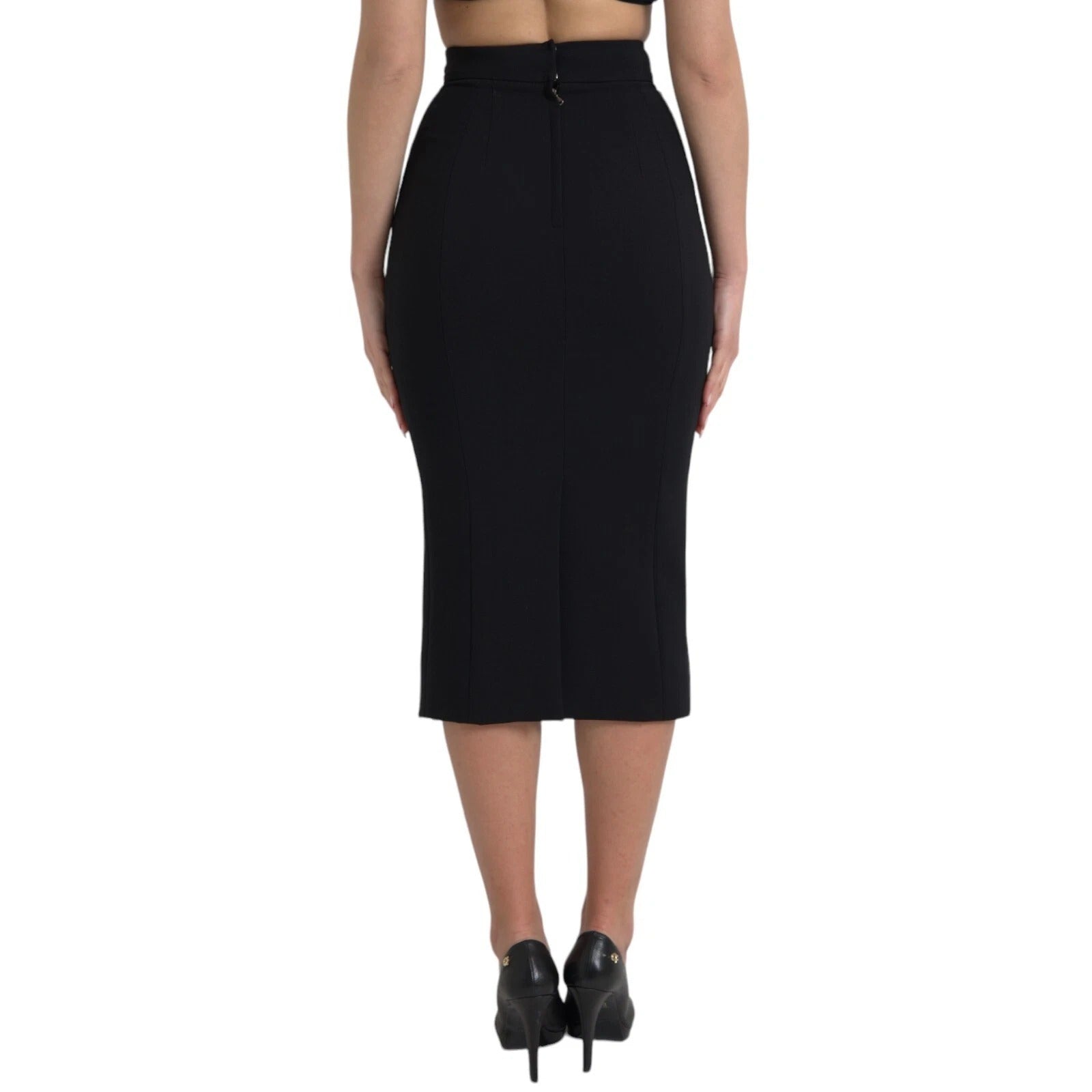 Dolce & Gabbana Black Wool High Waist Pencil Cut Midi Skirt