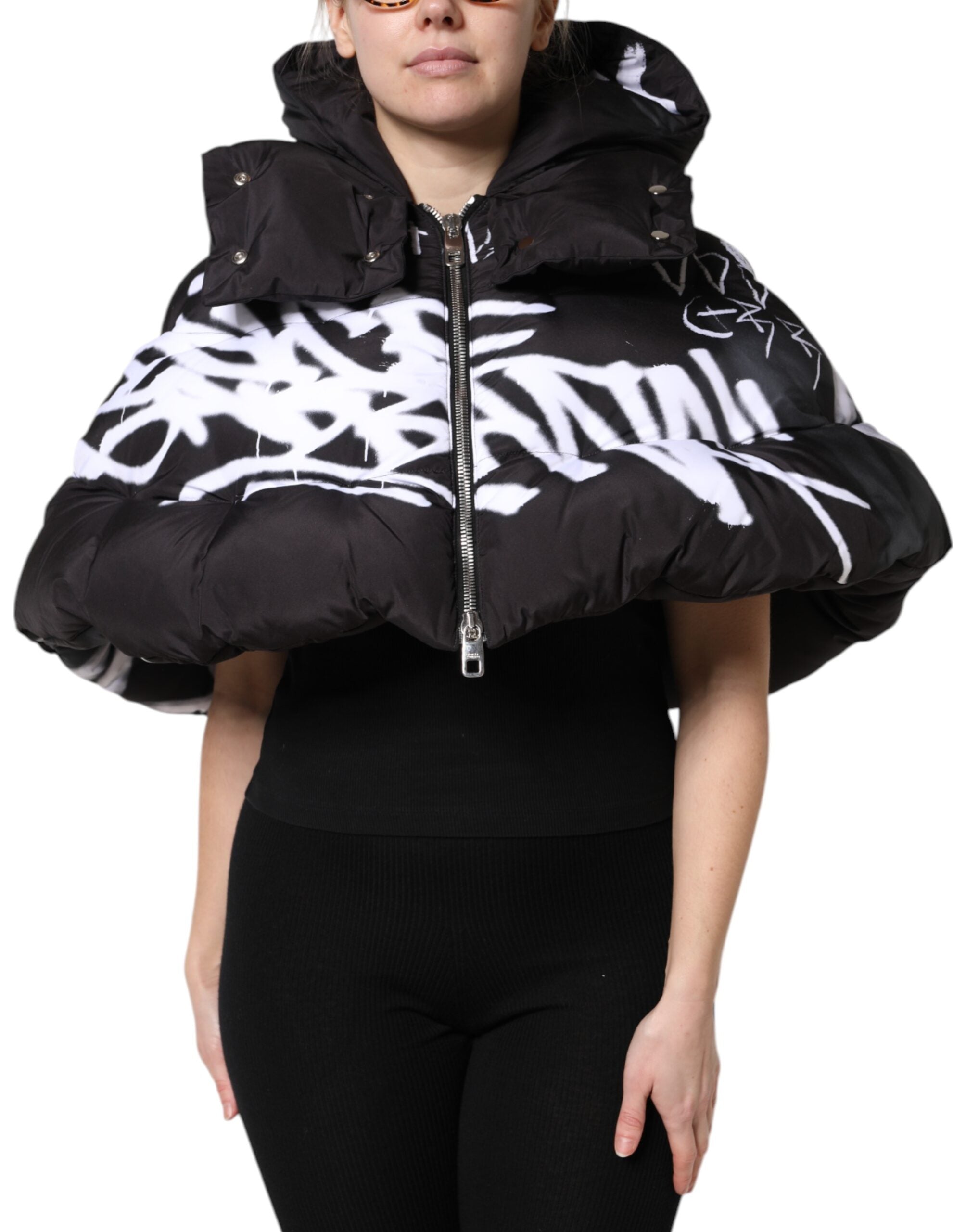 Dolce & Gabbana Black Padded Hooded Full Zip Cropped Jacket