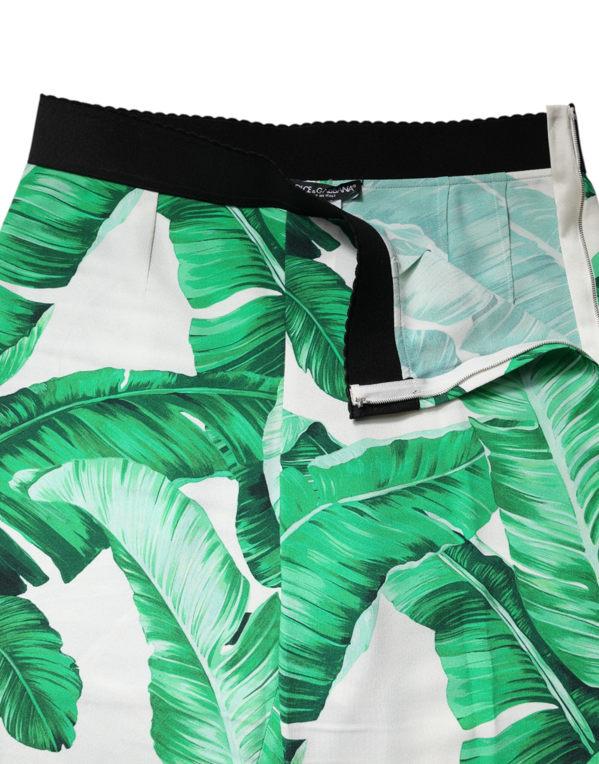 Dolce & Gabbana White Green Leaf High Waist Pants