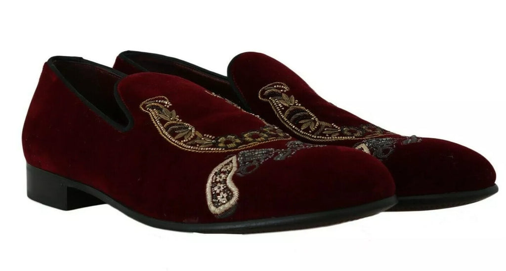 Dolce & Gabbana Bordeaux Velvet Sequined Men's Loafers