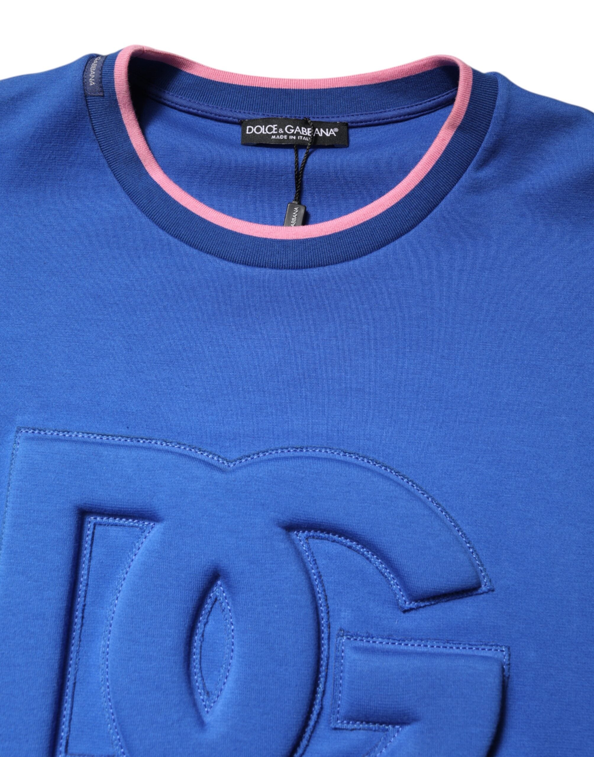 Dolce & Gabbana Blue Cotton DG Embossed Crew Neck T-shirt