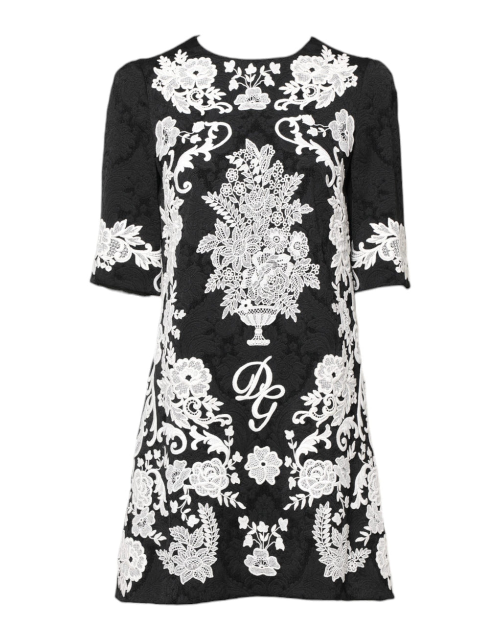 Dolce & Gabbana Black Floral Lace Short Sleeves Mini Dress