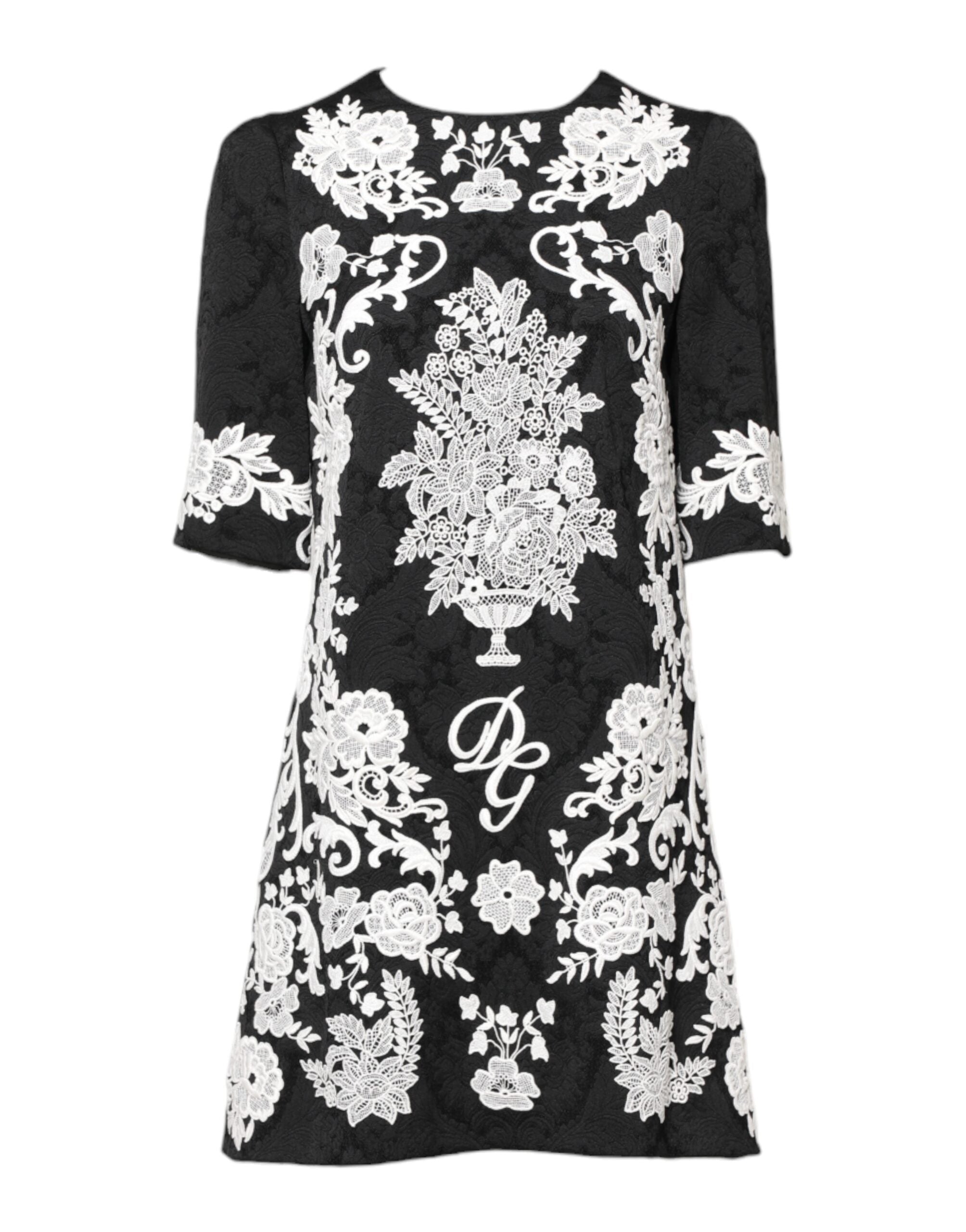 Dolce & Gabbana Black Floral Lace Short Sleeves Mini Dress