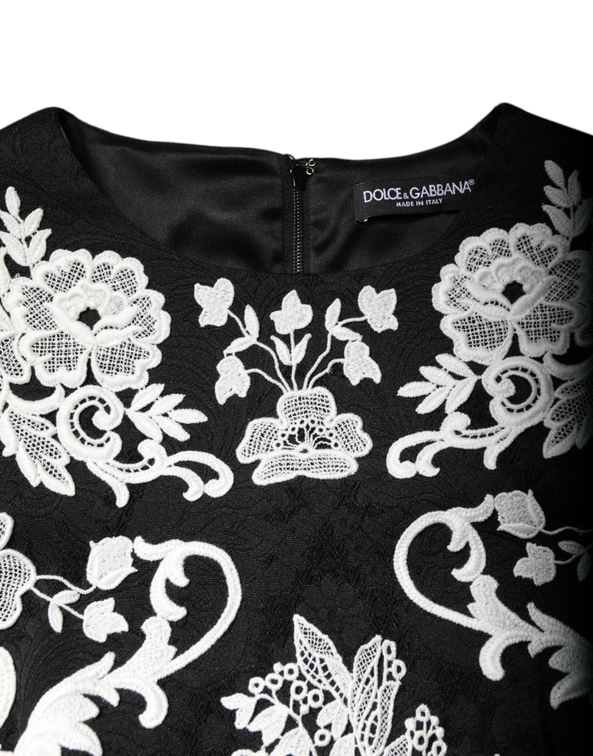 Dolce & Gabbana Black Floral Lace Short Sleeves Mini Dress