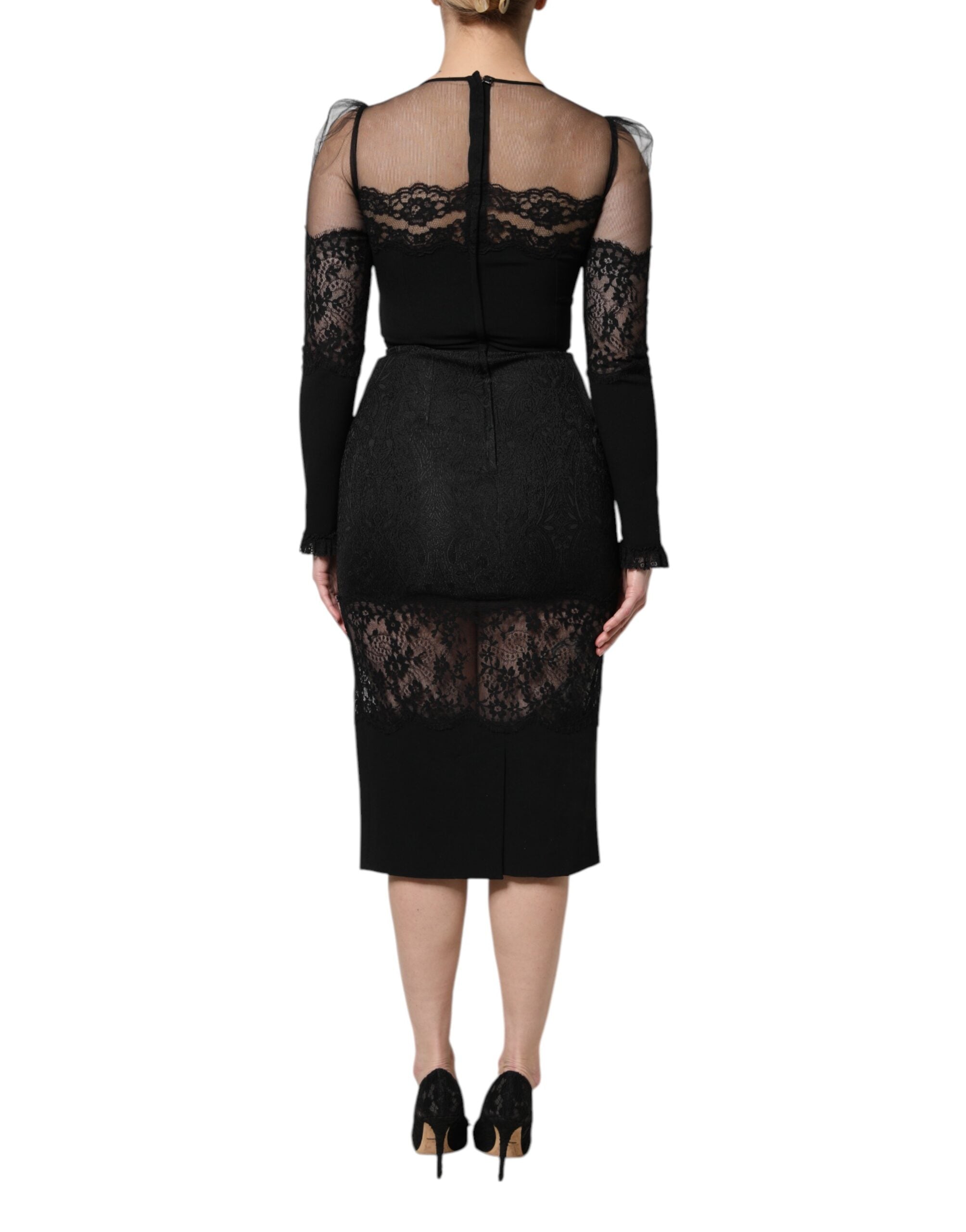Dolce & Gabbana Black Lace Trim Nylon Tulle Sheath Midi Dress