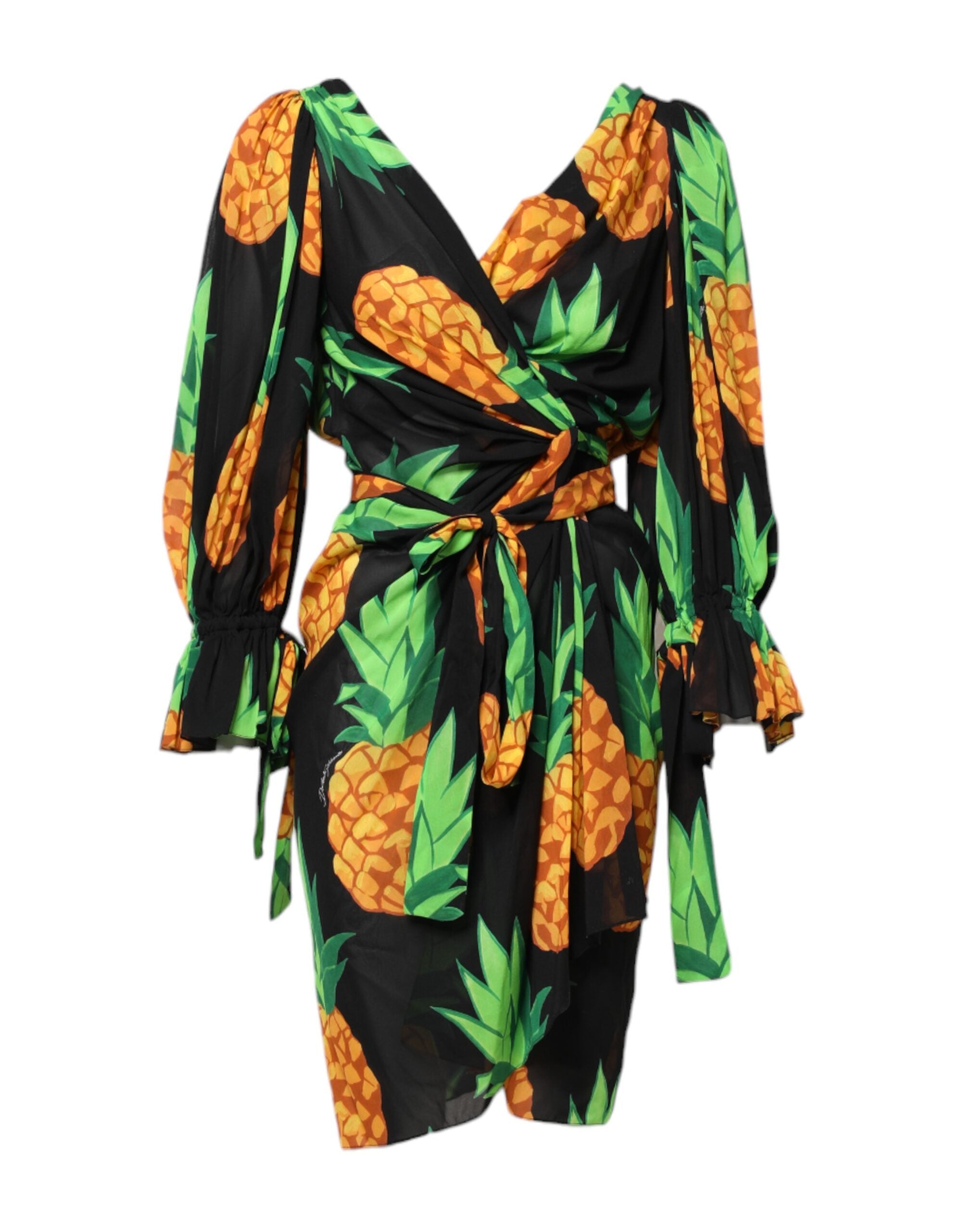 Dolce & Gabbana Black Pineapple Print Silk Wrap Mini Dress