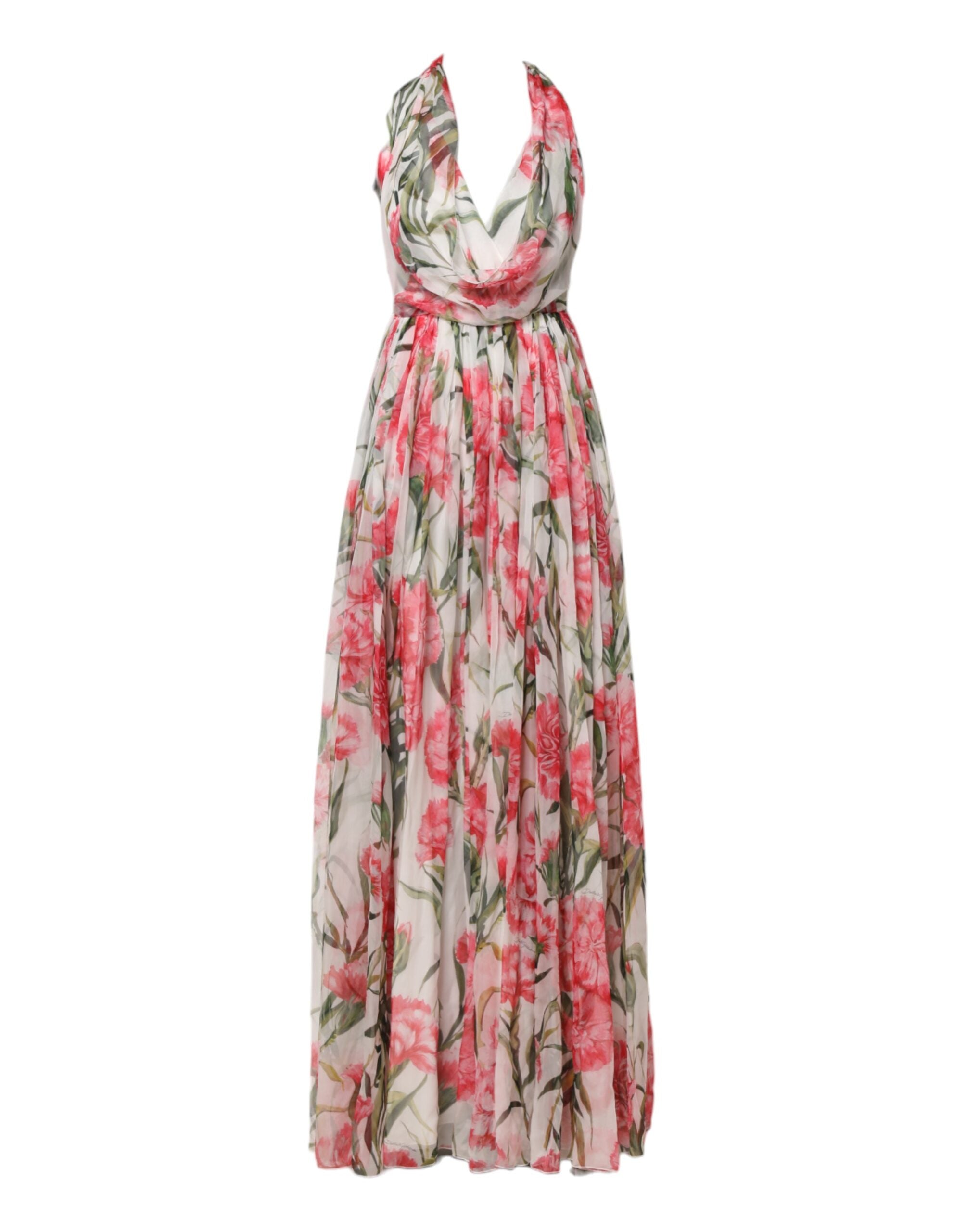 Dolce & Gabbana White Floral Silk Halter A-line Maxi Dress