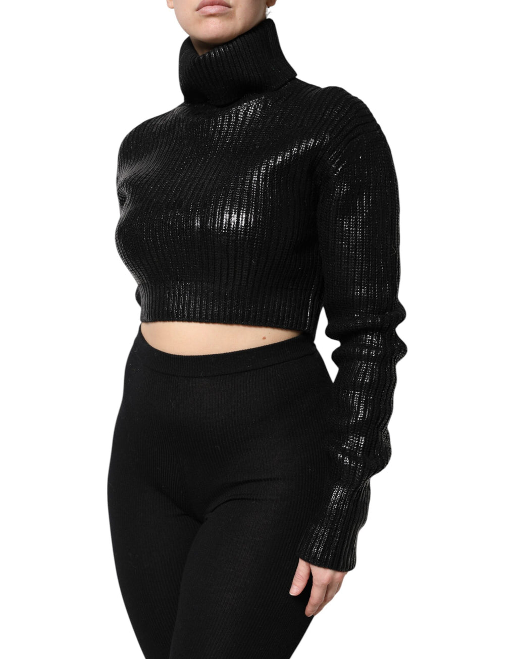 Dolce & Gabbana Black Wool Long Sleeve Turtleneck Cropped Top