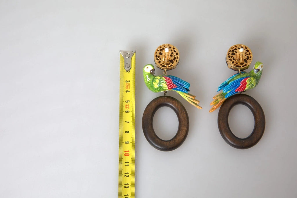 Dolce & Gabbana Multicolor Parrot Wood Brass Crystal Embellished Earrings