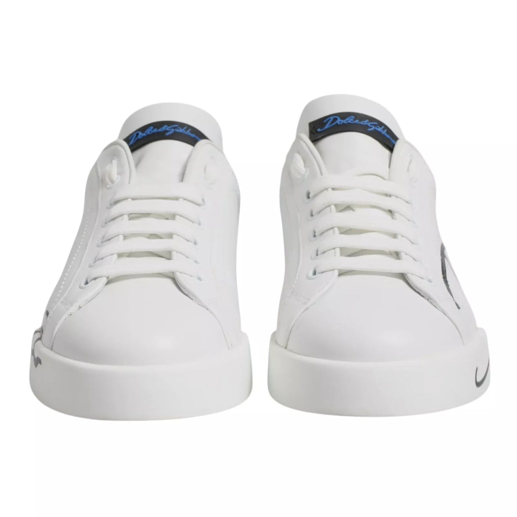 Dolce & Gabbana White Blue Leather Logo Low Top Sneakers Shoes