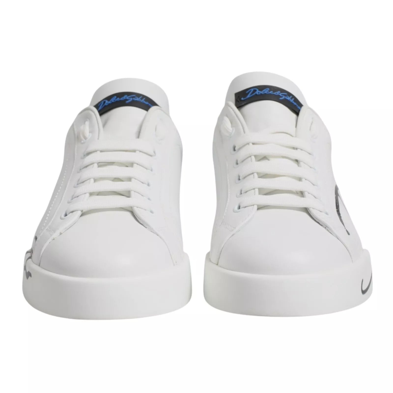 Dolce & Gabbana White Blue Leather Logo Low Top Sneakers Shoes