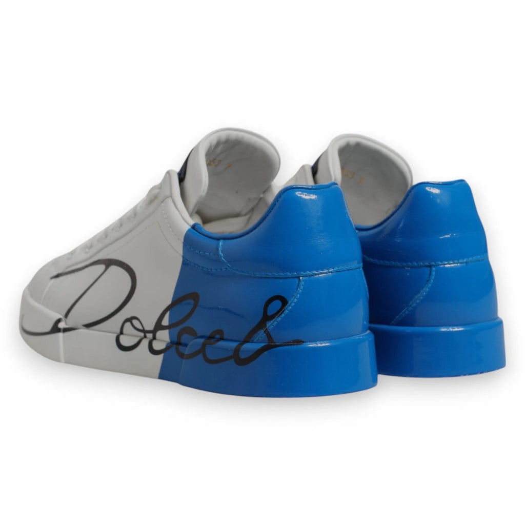 Dolce & Gabbana White Blue Leather Logo Low Top Sneakers Shoes