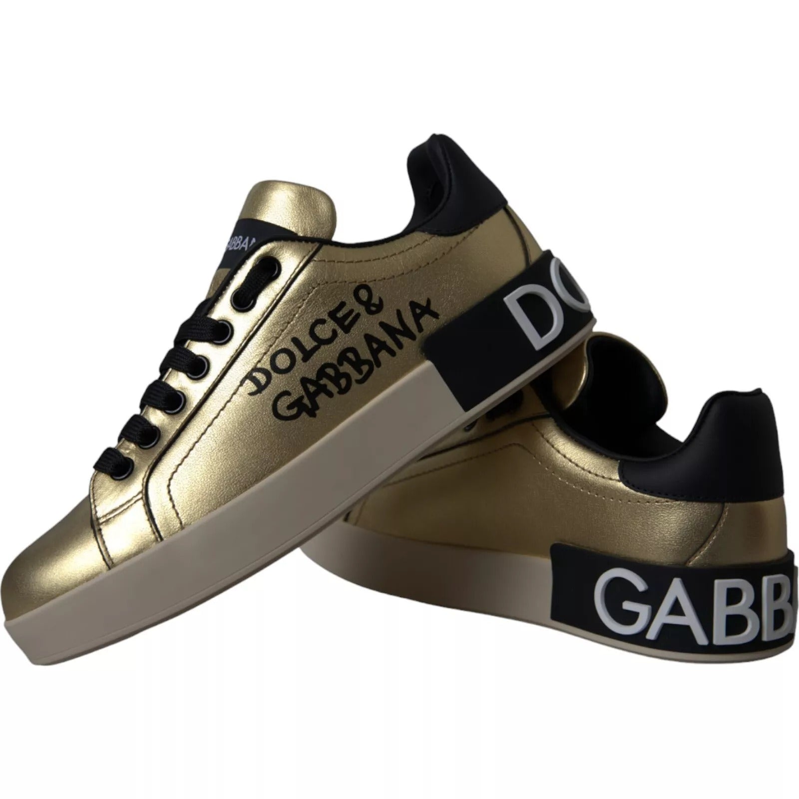 Dolce & Gabbana Gold Portofino Calf Leather Low Top Sneakers Shoes