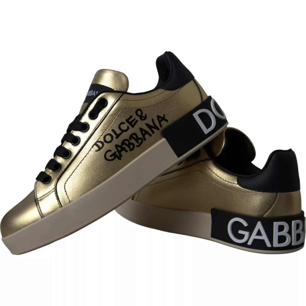 Dolce & Gabbana Gold Portofino Calf Leather Low Top Sneakers Shoes
