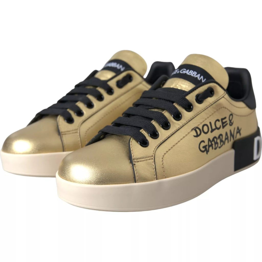 Dolce & Gabbana Gold Portofino Calf Leather Low Top Sneakers Shoes